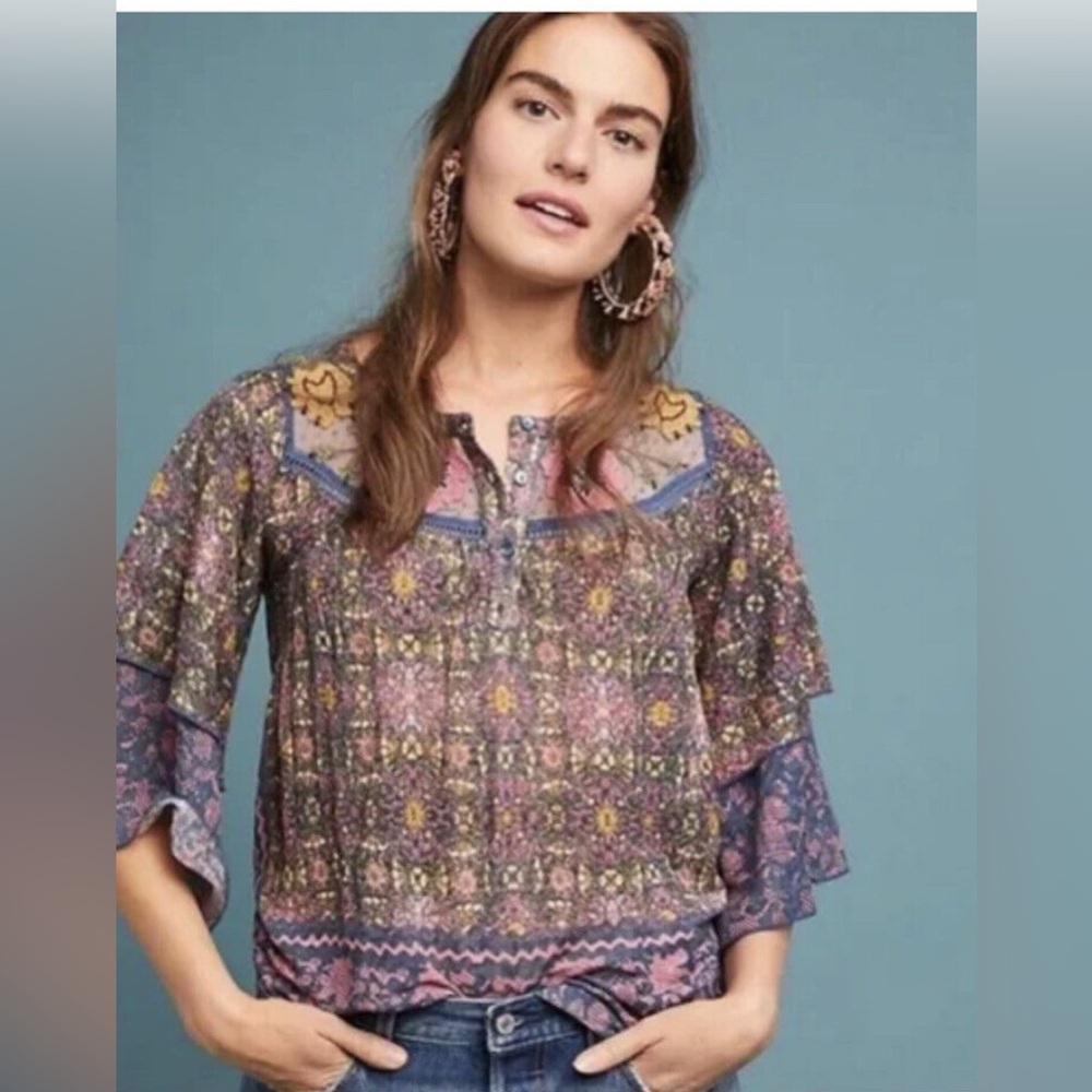 Anthropologie Blue Pink Postmark Ciutadella Embroidered Peasant Boho Top